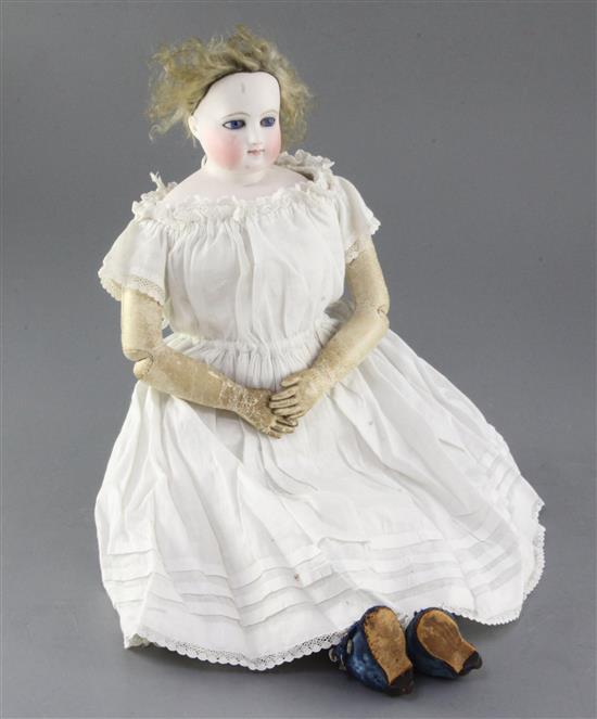 A French bisque shoulder head doll, possibly Eugene Barrois, c.1860, 17in. long